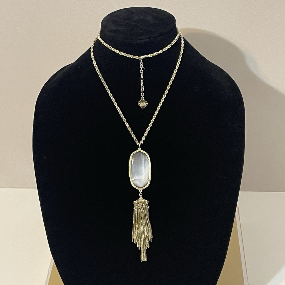 Kendra Scott Women's Rayne Cats Eye Pendant Necklace Tassel Long Gold Light Gray